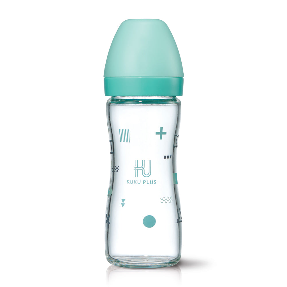 KUKU PLUS純真之瞳寬口玻璃奶瓶 240ml - 氣泡藍