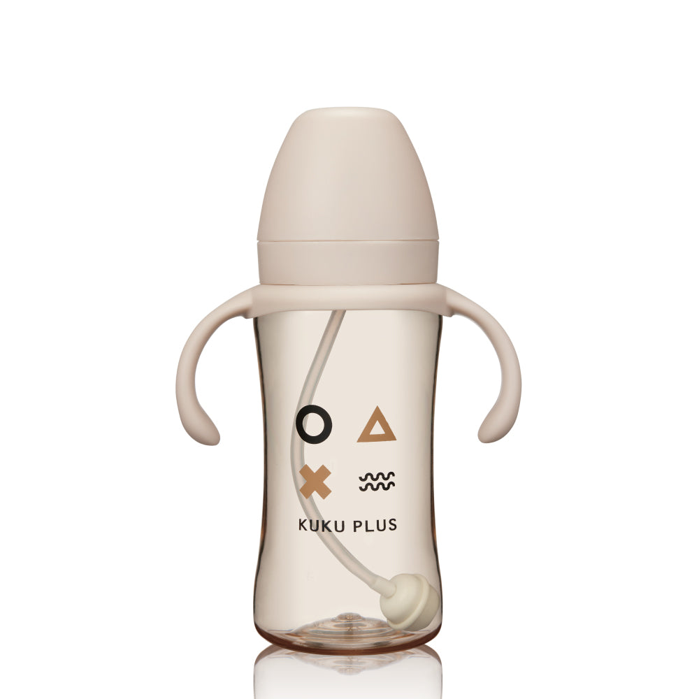 KUKU PLUS Wide Neck PPSU Feeding Bottle with Handle & Straw 300ml - Cream