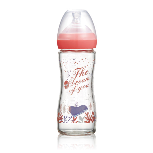KUKU The Dream of You Glass Wide Neck Feeding Bottle 240ml - Spring Pink